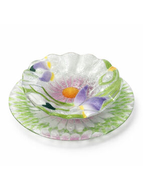 Sydenstricker Glass Floral Fused Glass Bowl & Plate Set Iris Daisy Art Glass Han